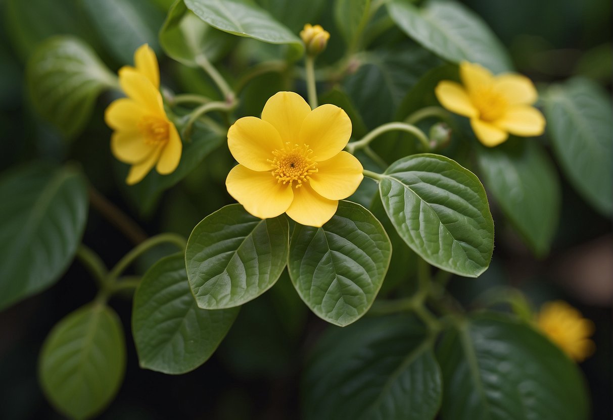 A green, vine-like plant with large leaves and yellow flowers. A small, round fruit with a thick, bumpy skin