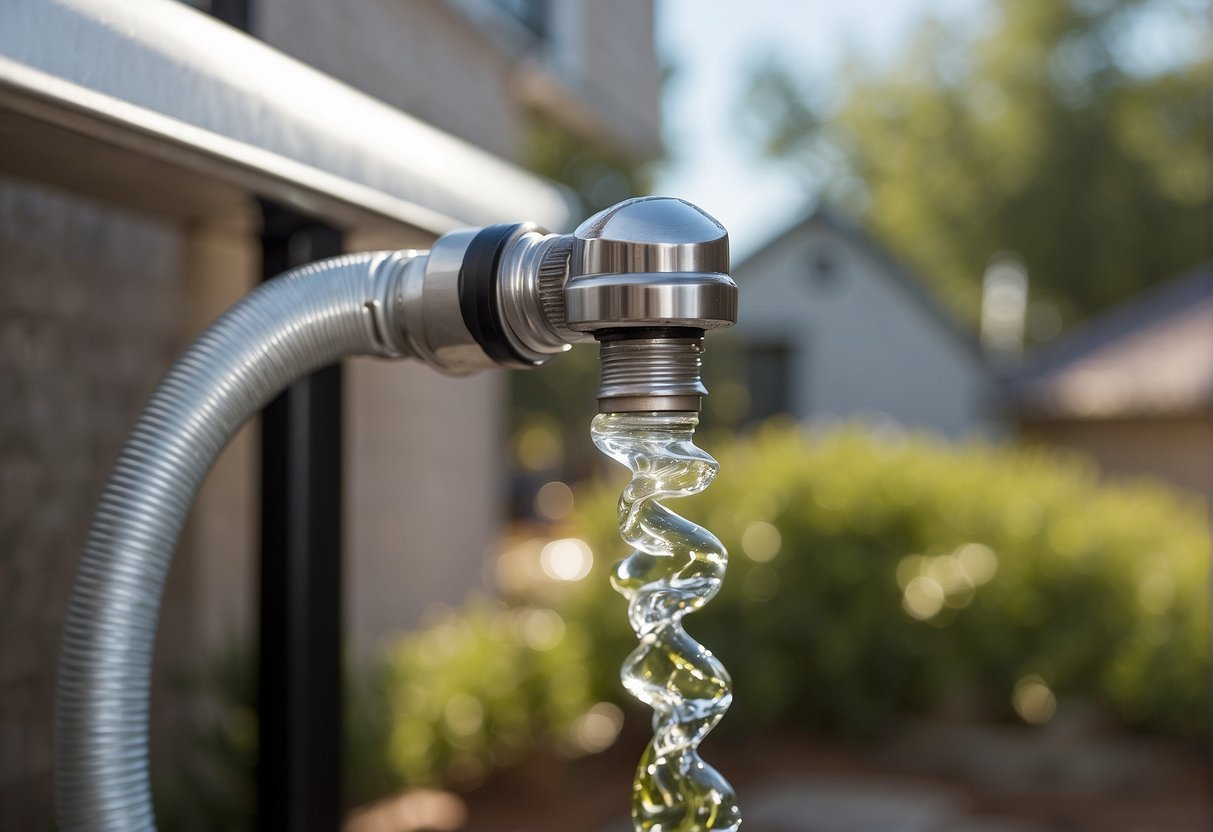 A faucet cover is placed over the outdoor faucet, and the hose is disconnected and drained. Insulation is wrapped around the exposed pipe to prevent freezing