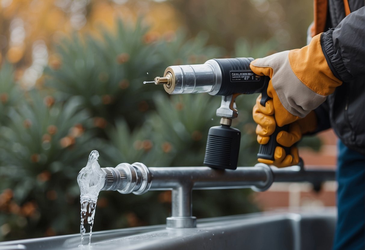 A hand holding a caulking gun applies a thick layer of sealant around the base of an outdoor faucet. The faucet is surrounded by insulation to protect it from freezing temperatures