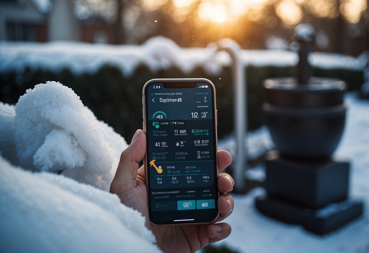 An outdoor faucet is wrapped in insulation while a person checks a weather forecast on a smartphone