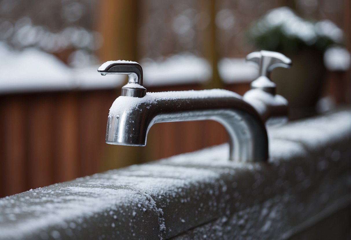 A faucet cover is placed over an outdoor faucet, with insulation wrapped around the pipe to prevent freezing