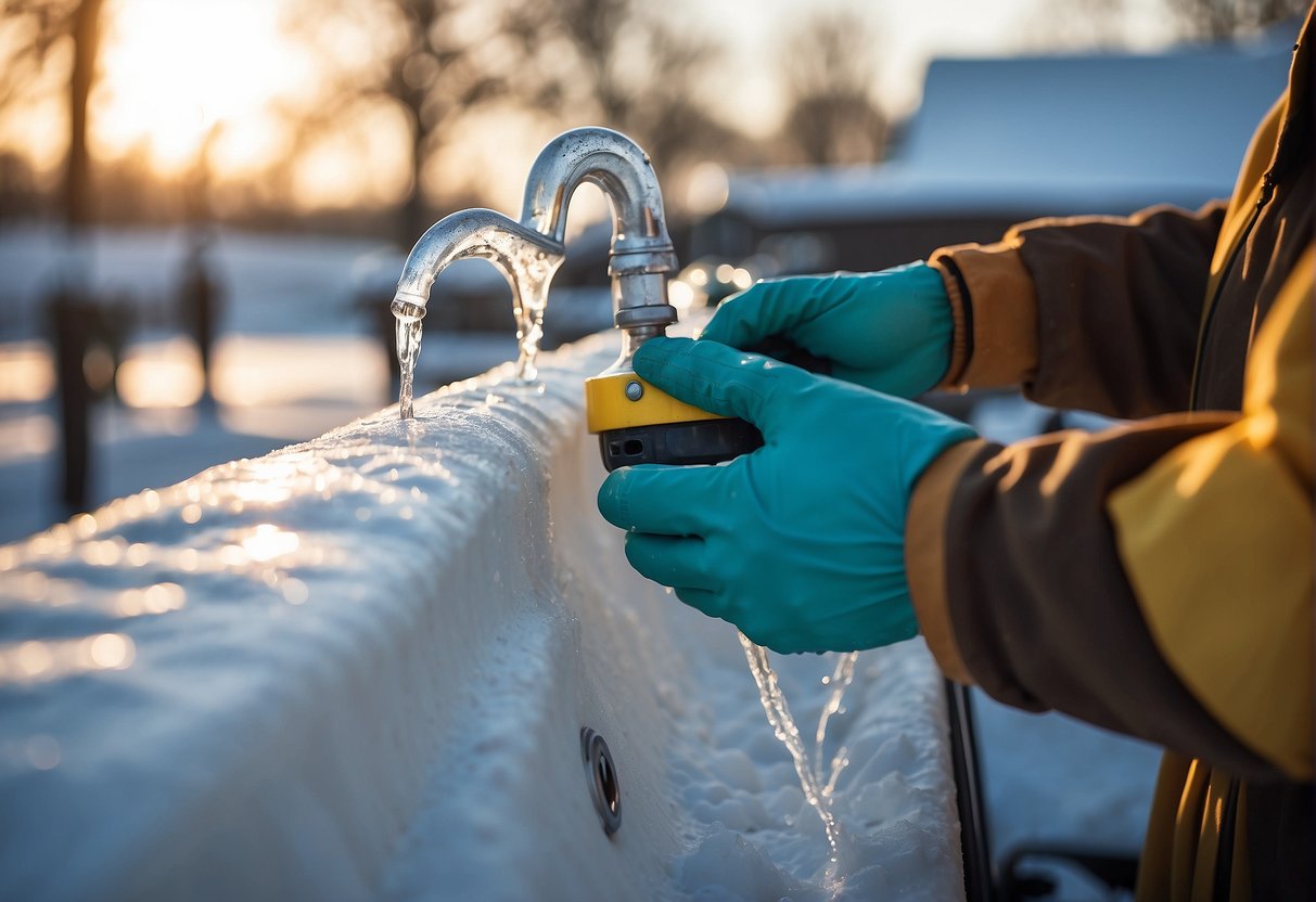 A gloved hand applies heat tape to outdoor faucets, preventing freezing