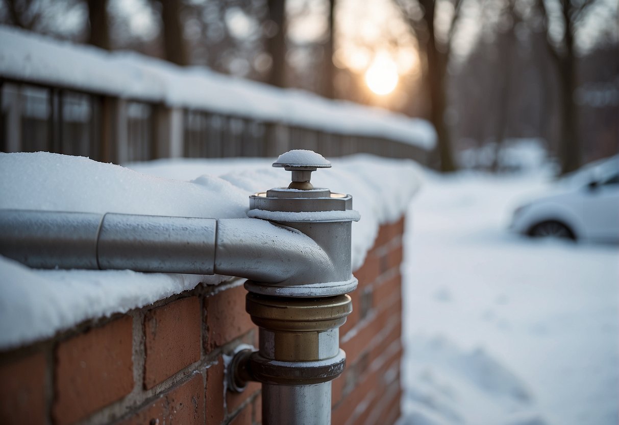 A faucet cover is placed over the outdoor faucet, with insulation wrapped around the pipe to prevent freezing