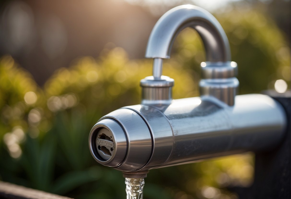 A faucet cover is placed over an outdoor faucet, securing it tightly to prevent freezing. A nearby hose is disconnected and drained to prevent damage