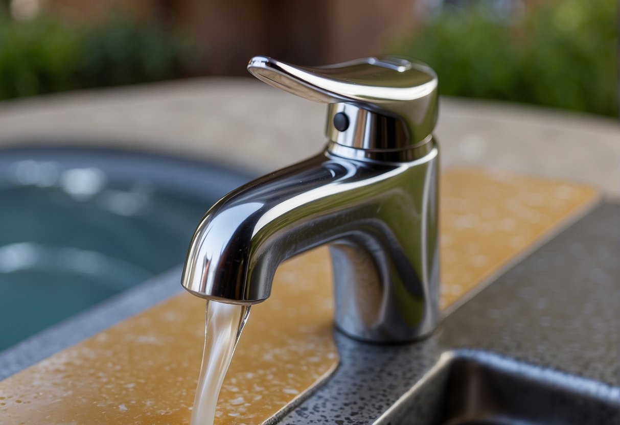 A faucet cover is placed over the outdoor faucet, and the surrounding area is insulated with foam or fabric to prevent freezing