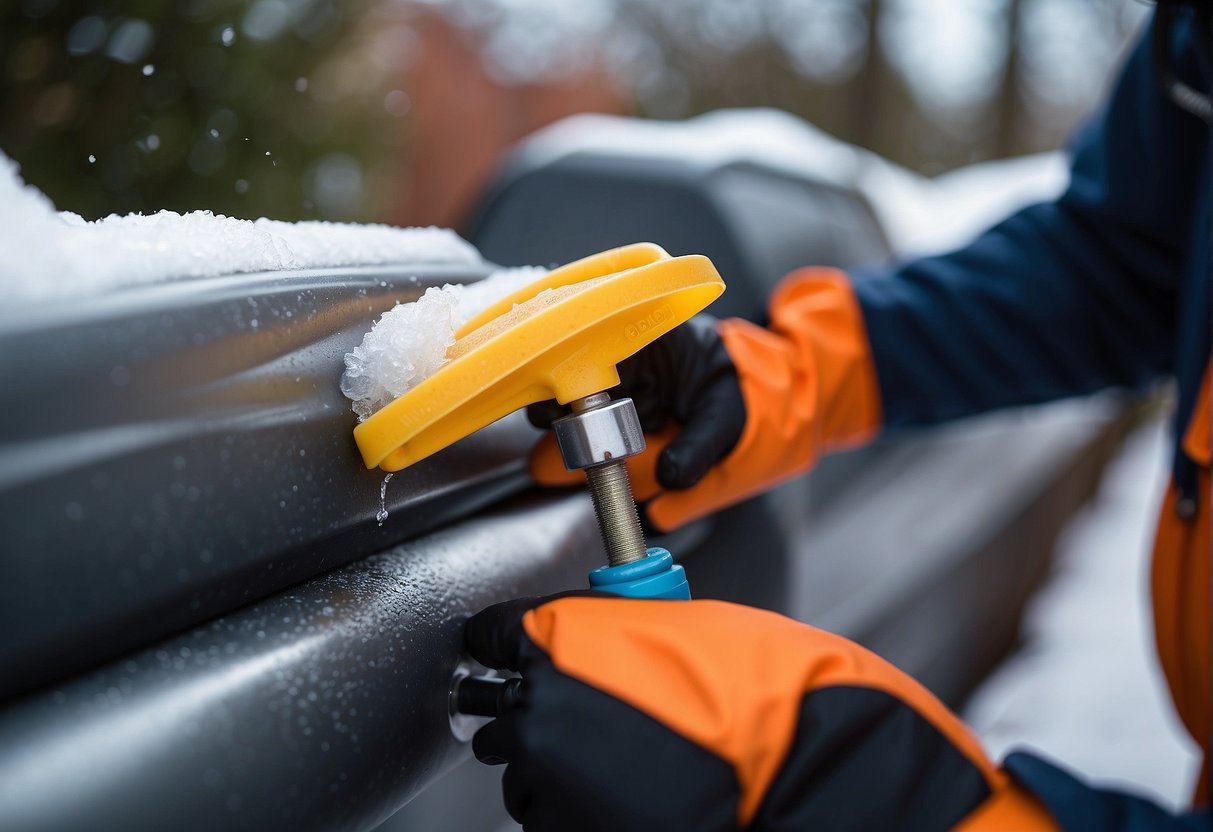 A professional plumber insulating outdoor faucets with foam covers and wrapping them with heat tape to prevent freezing