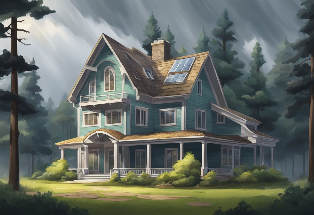 A sturdy house surrounded by tall trees, with a sturdy roof and reinforced windows, stands resilient against a storm