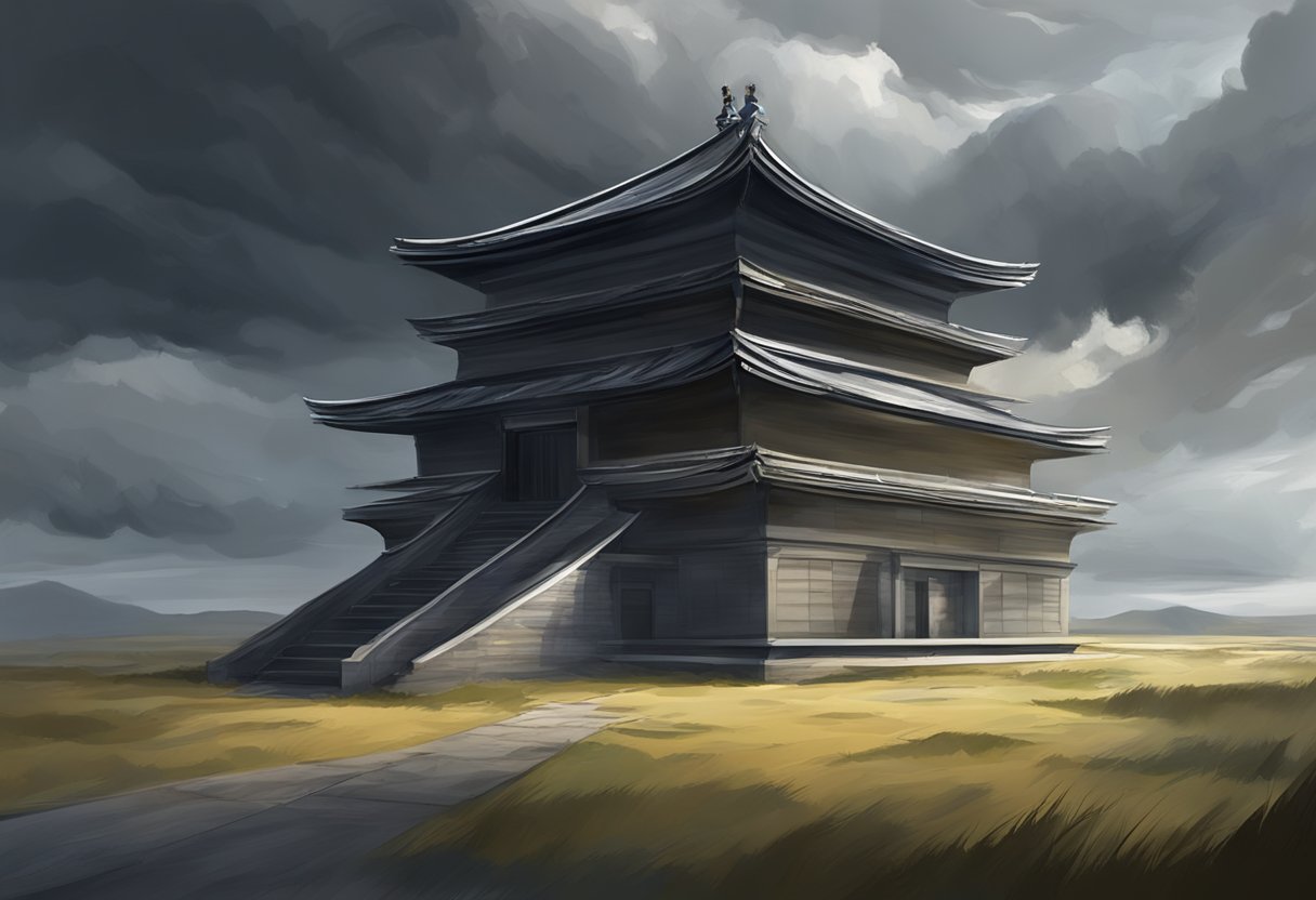 A sturdy building stands tall amidst swirling winds and dark clouds, with reinforced walls and a sturdy roof to protect against natural disasters