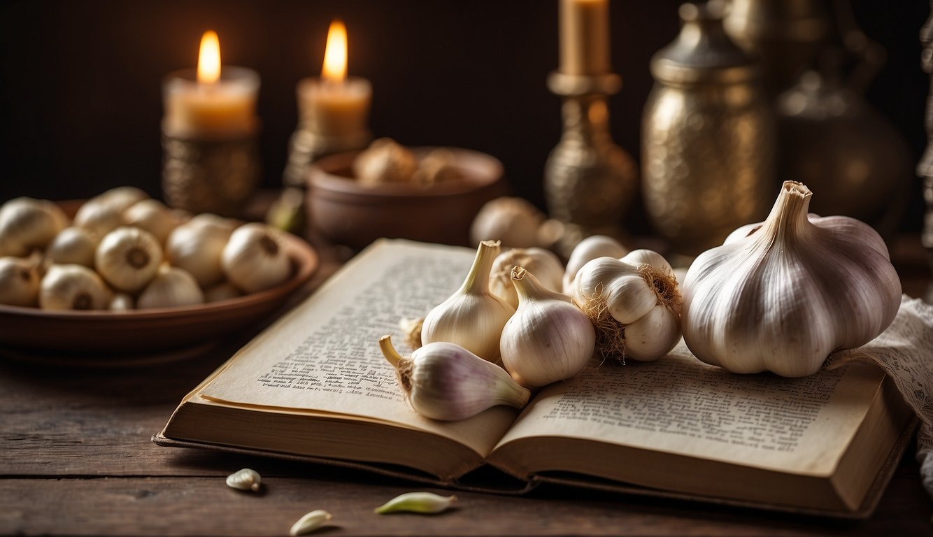 A table spread with garlic bulbs, surrounded by historical artifacts and cultural symbols. A book on the health benefits of garlic sits open nearby