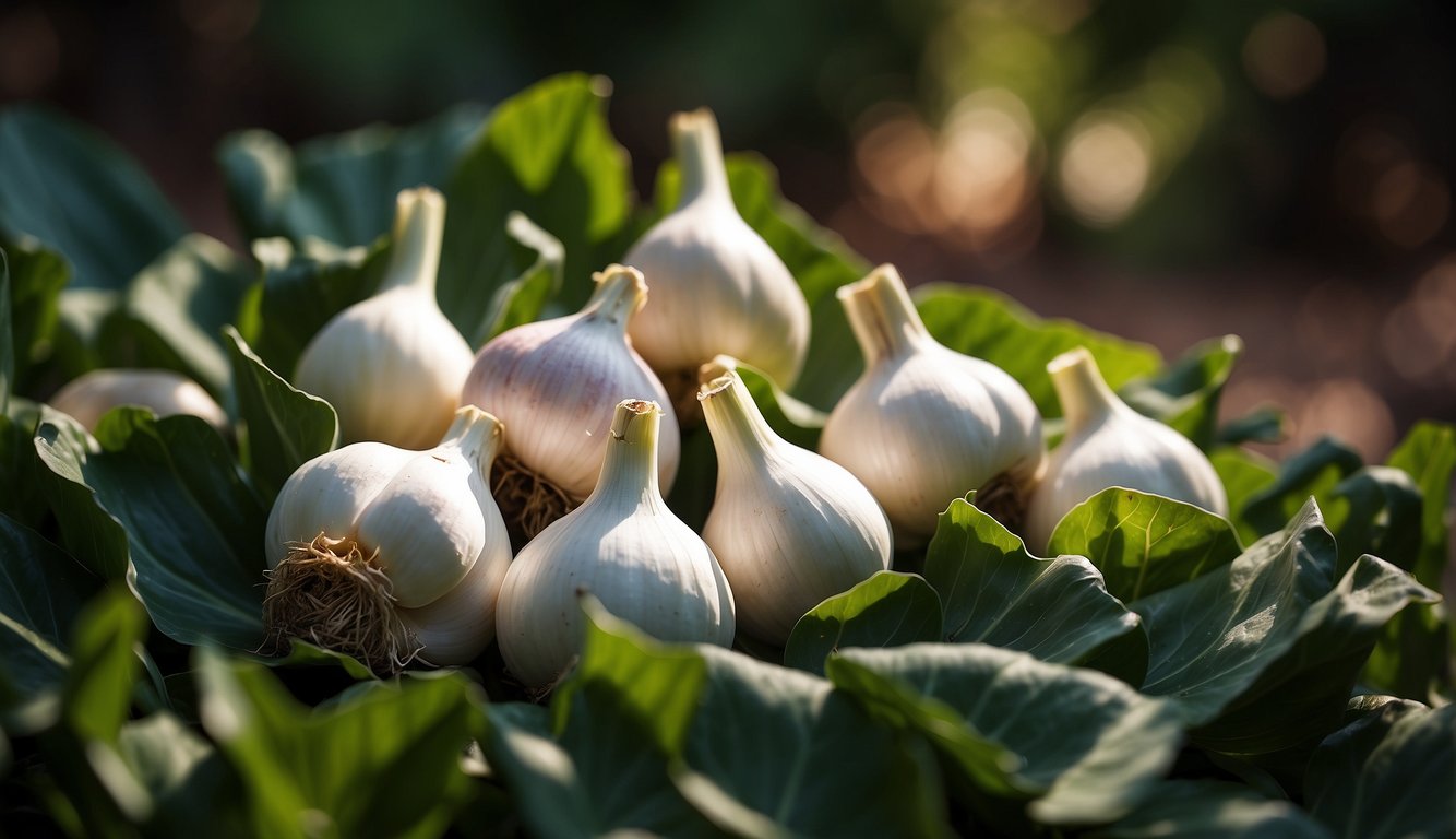 Garlic bulbs surrounded by vibrant green leaves, with a beam of sunlight illuminating their pungent aroma