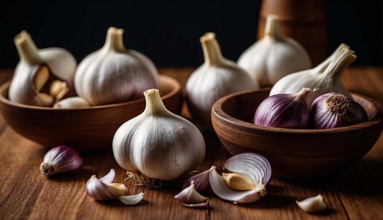 A bunch of fresh garlic bulbs arranged on a wooden cutting board, with a mortar and pestle nearby