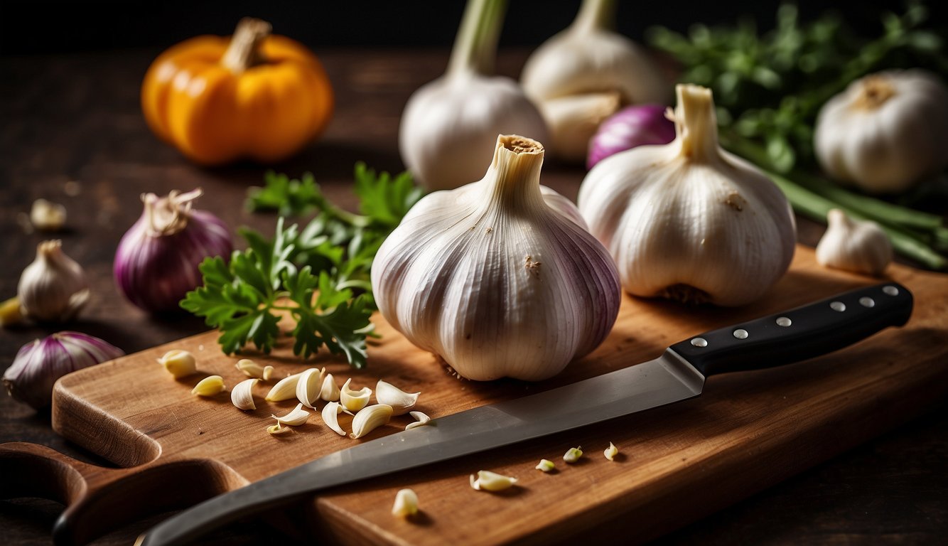 Garlic bulbs and cloves arranged with fresh herbs and vegetables on a cutting board, with a chef's knife nearby