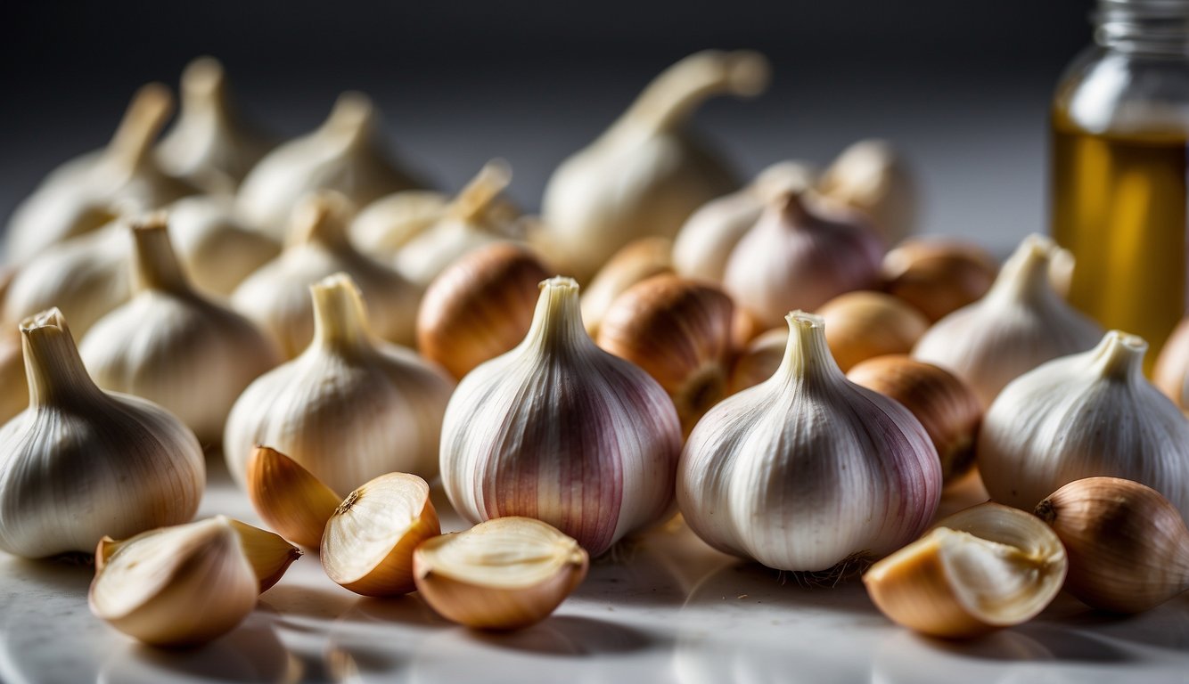 A variety of garlic supplements arranged on a clean, white surface with a backdrop of fresh garlic bulbs and cloves