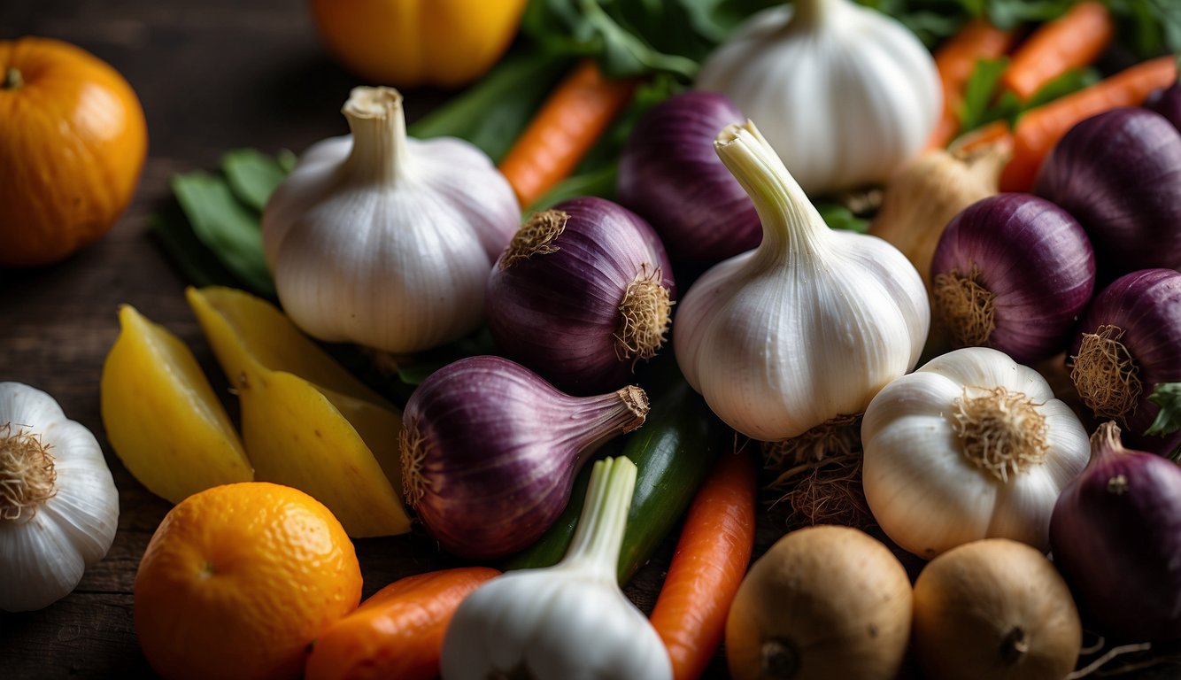 A vibrant scene of fresh garlic bulbs surrounded by colorful fruits and vegetables, with a glowing halo effect to symbolize its role in promoting health and wellness