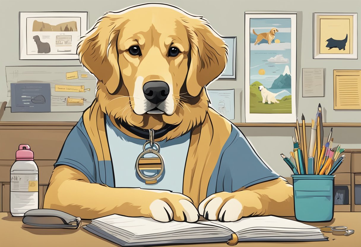 A Golden Retriever stands in front of a variety of objects, including a dog collar, a name tag, and a list of popular dog names. The dog looks contemplative as it considers the options for its perfect name