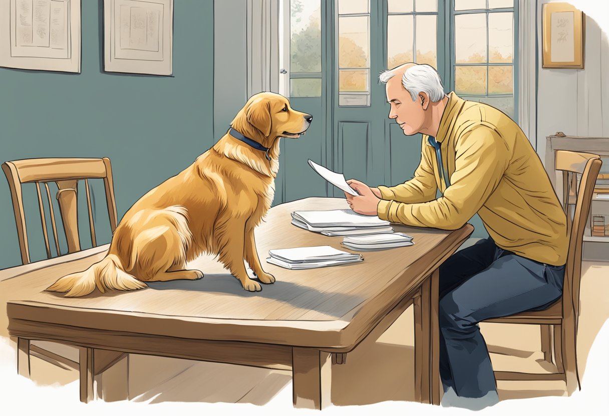 A Golden Retriever sits obediently, gazing up at its owner with a look of adoration. A list of potential names for the dog is spread out on the table, with the owner carefully considering each option