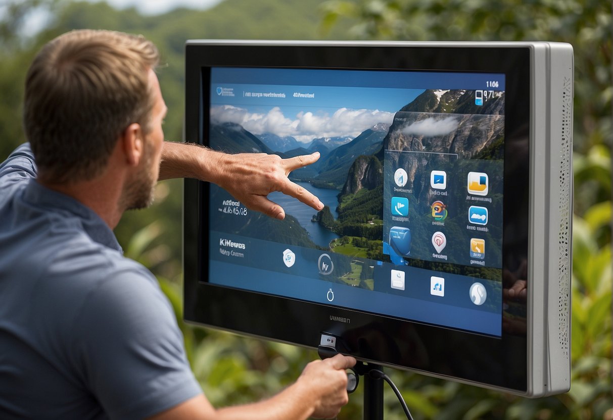 A person mounts an indoor TV in a weatherproof outdoor enclosure, ensuring it is properly sealed and ventilated for use in outdoor conditions