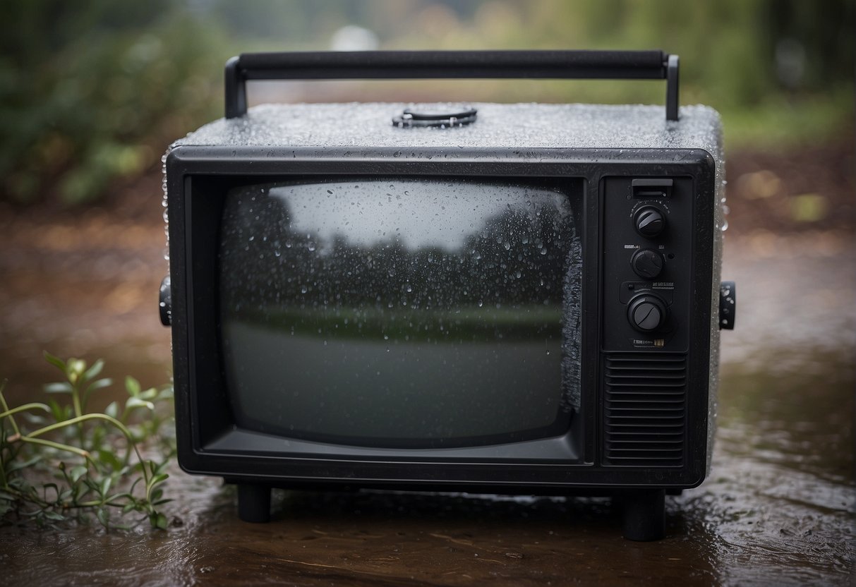 A television is being encased in a weatherproof housing, with cables and connections being sealed to protect against rain and extreme temperatures