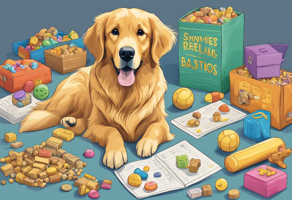 A Golden Retriever sits beside a list of potential names, surrounded by toys and treats. The dog looks up eagerly, as if waiting for its perfect name to be chosen