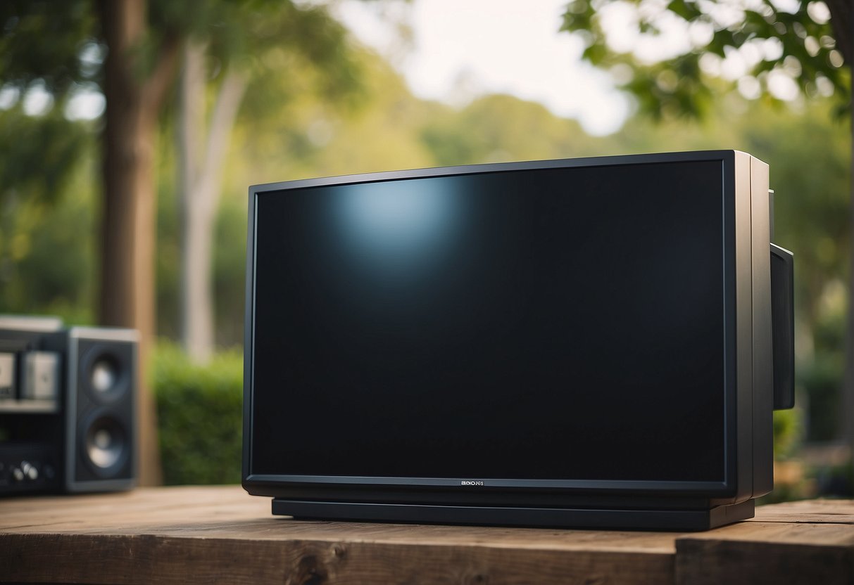 A TV is being moved from an indoor setting to an outdoor one. Speakers and audio equipment are being set up to enhance the sound for the outdoor environment