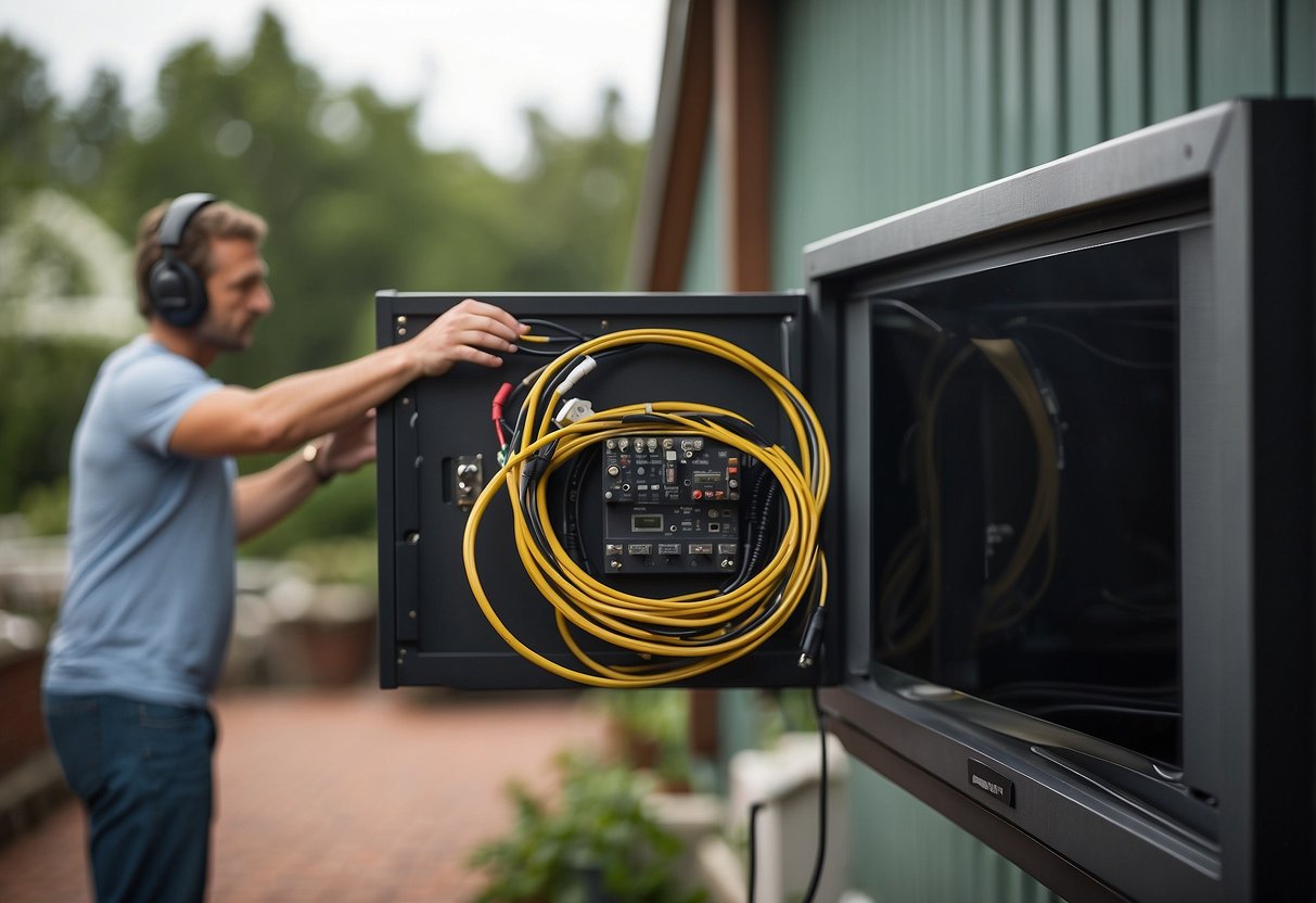 An indoor TV is being moved outside, with cables and electrical connections being carefully rerouted for outdoor use