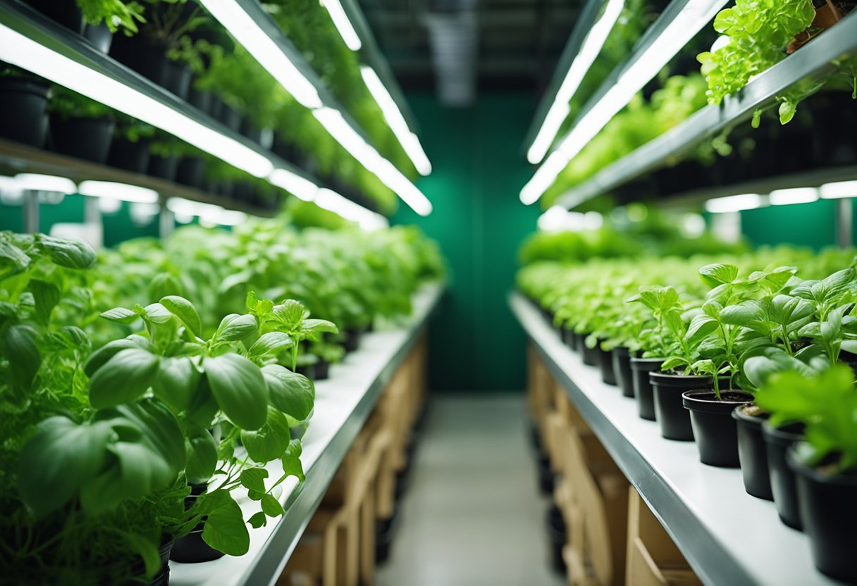 Lush green plants fill a sunlit room with shelves of herbs, vegetables, and fruits growing in pots and hydroponic systems