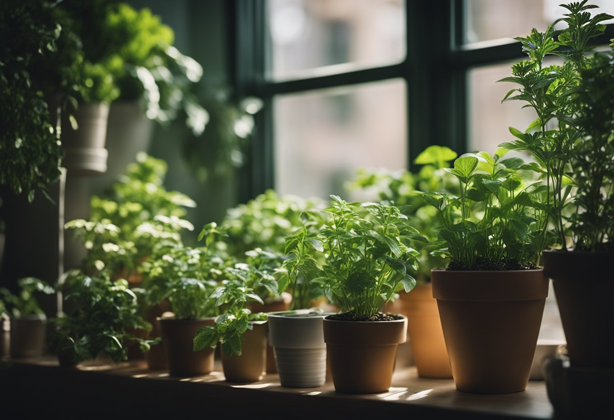 Lush green plants thriving in pots on windowsills and shelves, with various herbs and vegetables growing under artificial lights in a cozy indoor setting