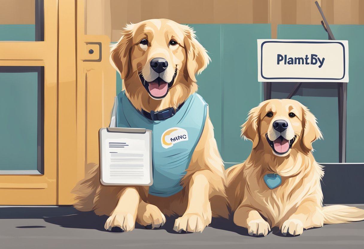 A happy Golden Retriever sits next to a sign with various name options, while its owner points to one with a smile