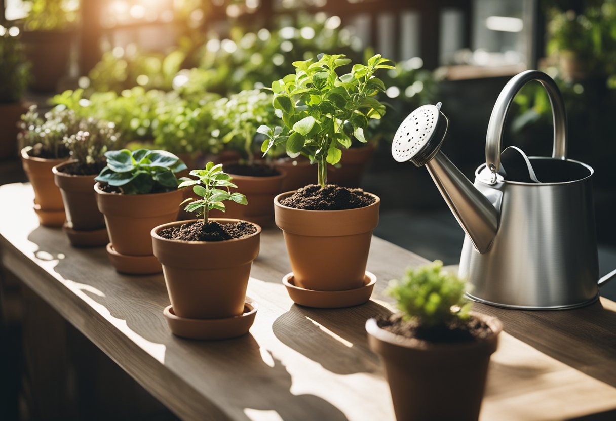 A table with potted plants, grow lights, watering can, and soil bags for indoor gardening