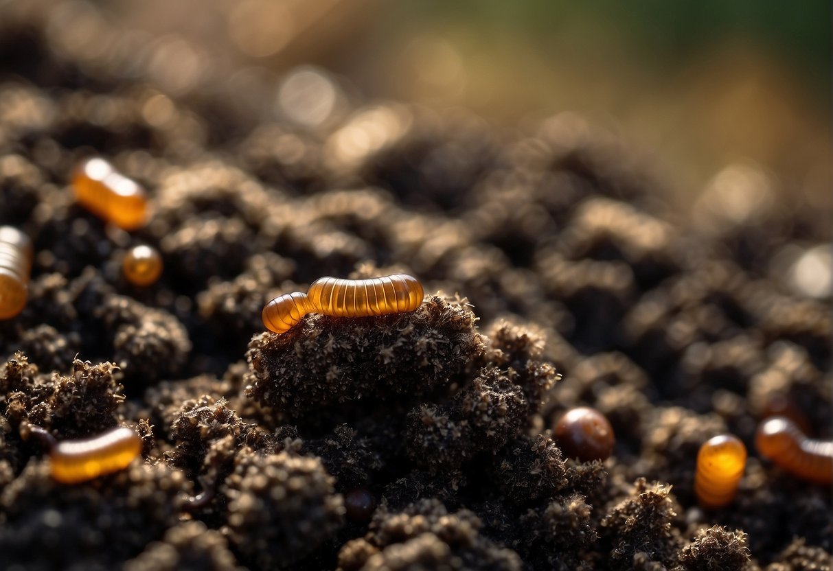 Worm poop is small, cylindrical, and dark in color, resembling tiny pellets or granules. It is often found in clusters near the surface of the soil