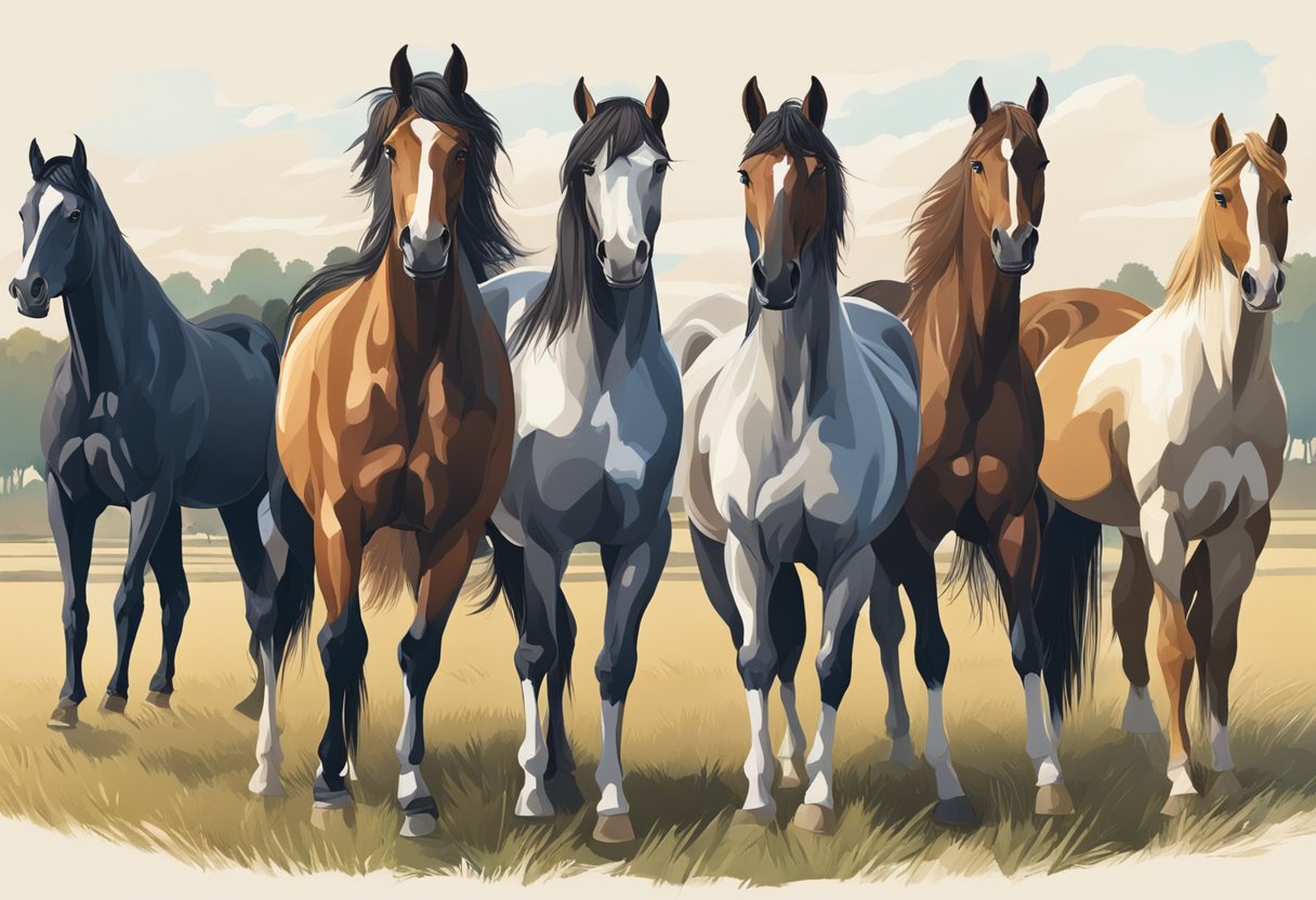 Various horse breeds stand in a field, showcasing their different heights and weights. The scene captures the diversity of the equine world