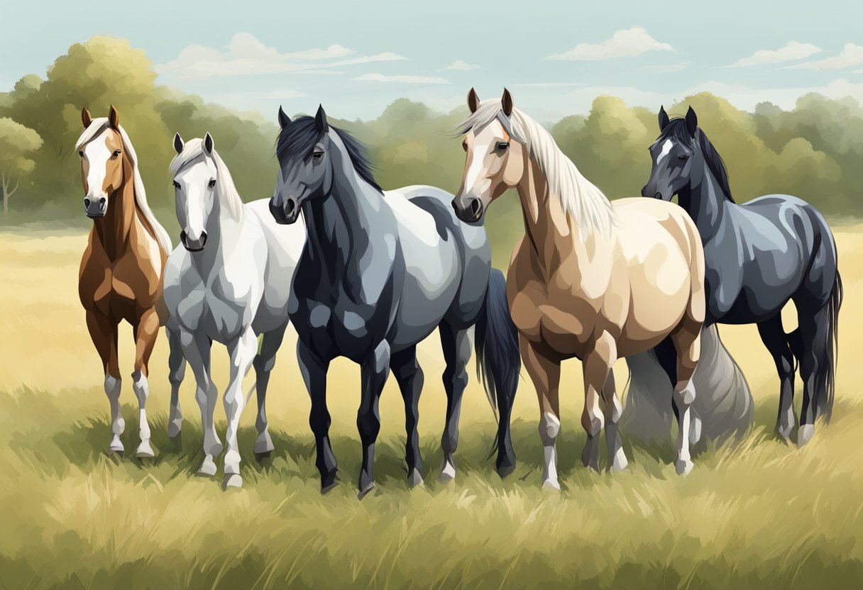 A variety of horse breeds of different heights and weights standing together in a field