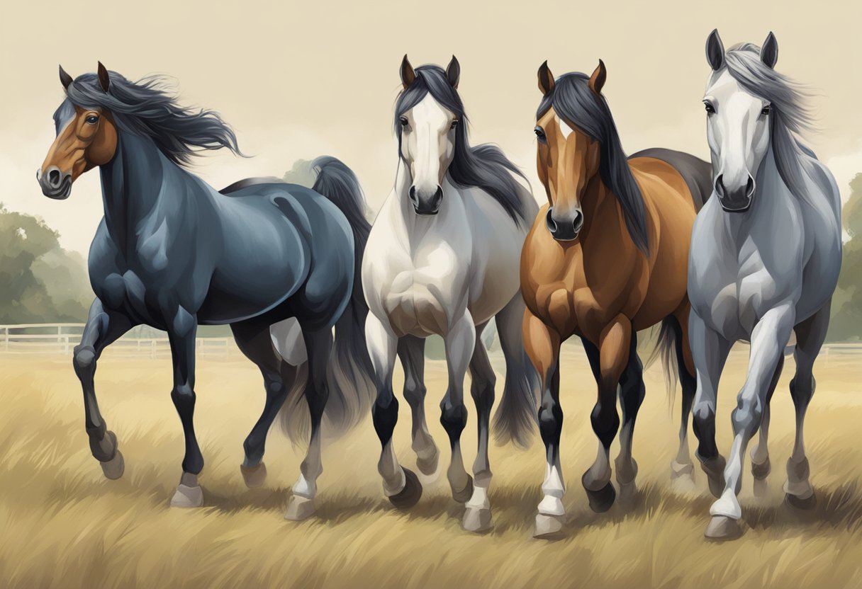 Horse breeds of varying heights and weights are depicted in a field, showcasing their diverse physical characteristics