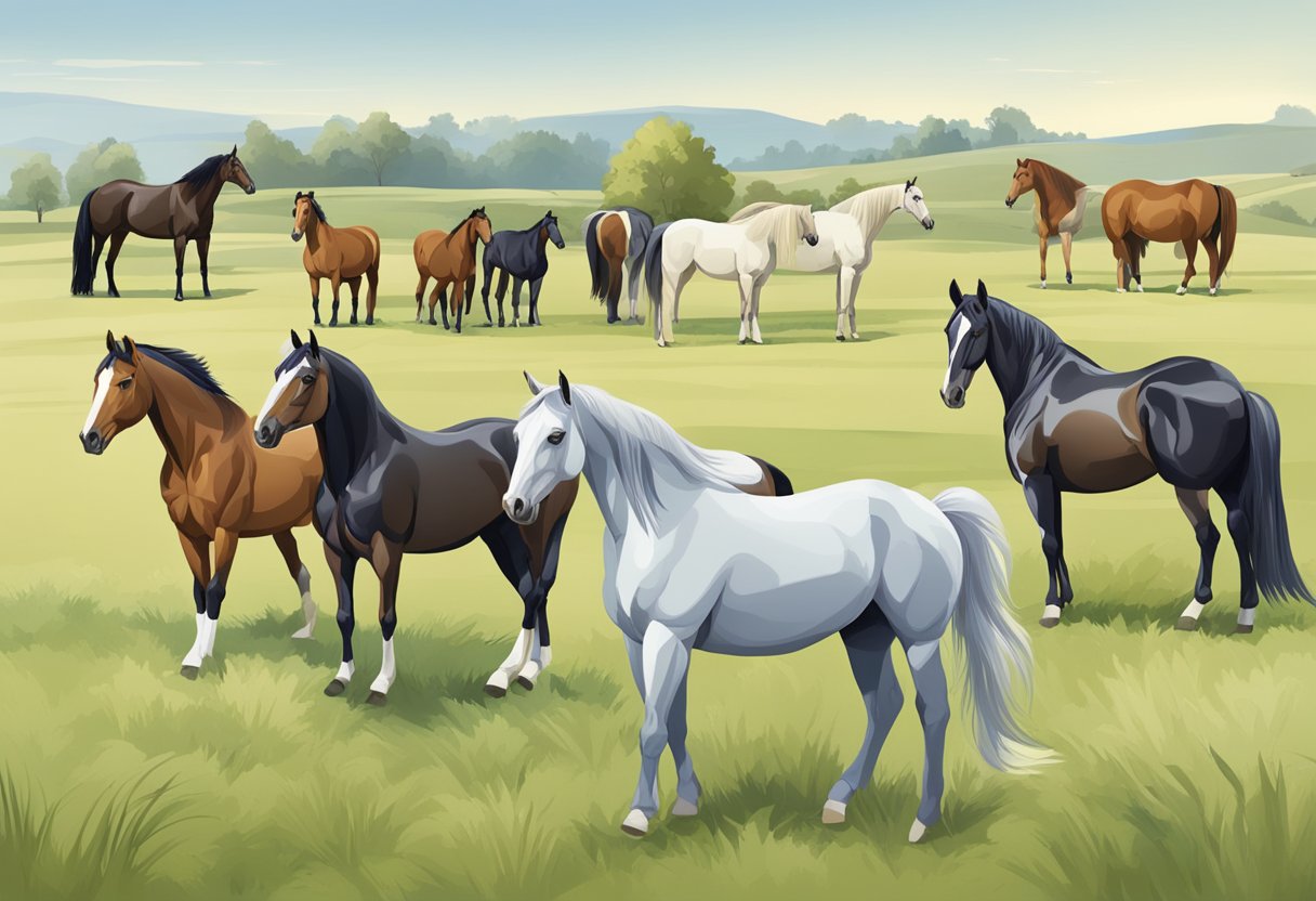 A variety of horse breeds in a pasture, each displaying different heights and weights