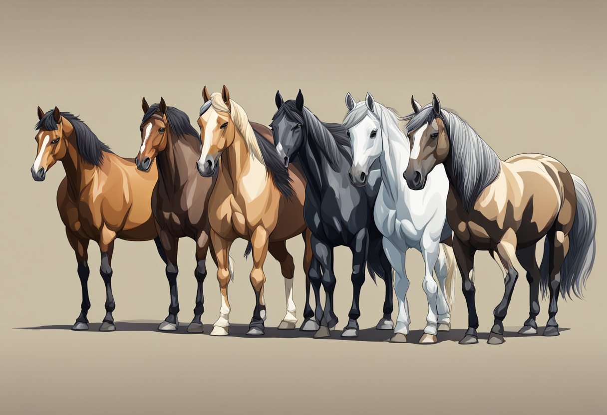 A group of various horse breeds stand side by side, showcasing their different heights and weights for a comparative analysis