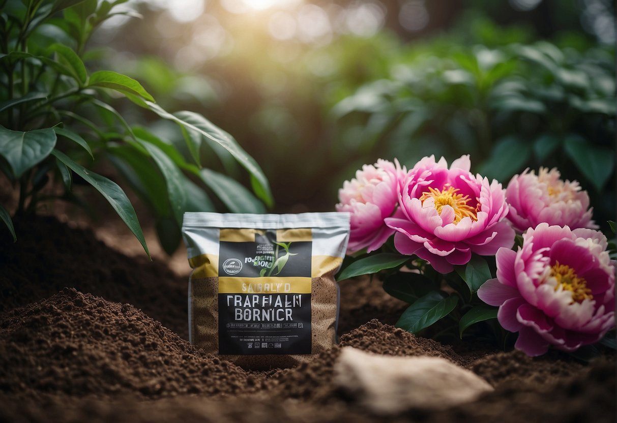 A bag of organic fertilizer open next to a lush peony plant, with a small pile of compost nearby