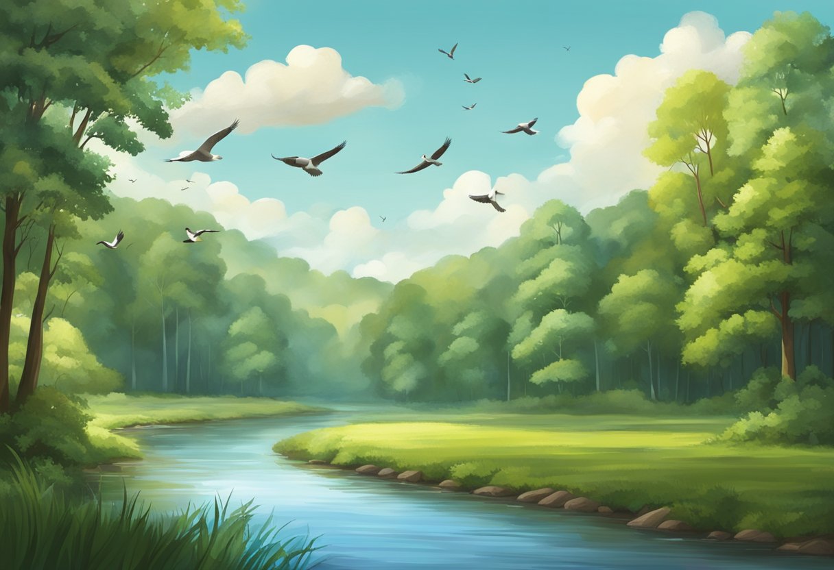 A serene landscape with a tranquil river flowing through a lush forest, under a peaceful sky with birds soaring above