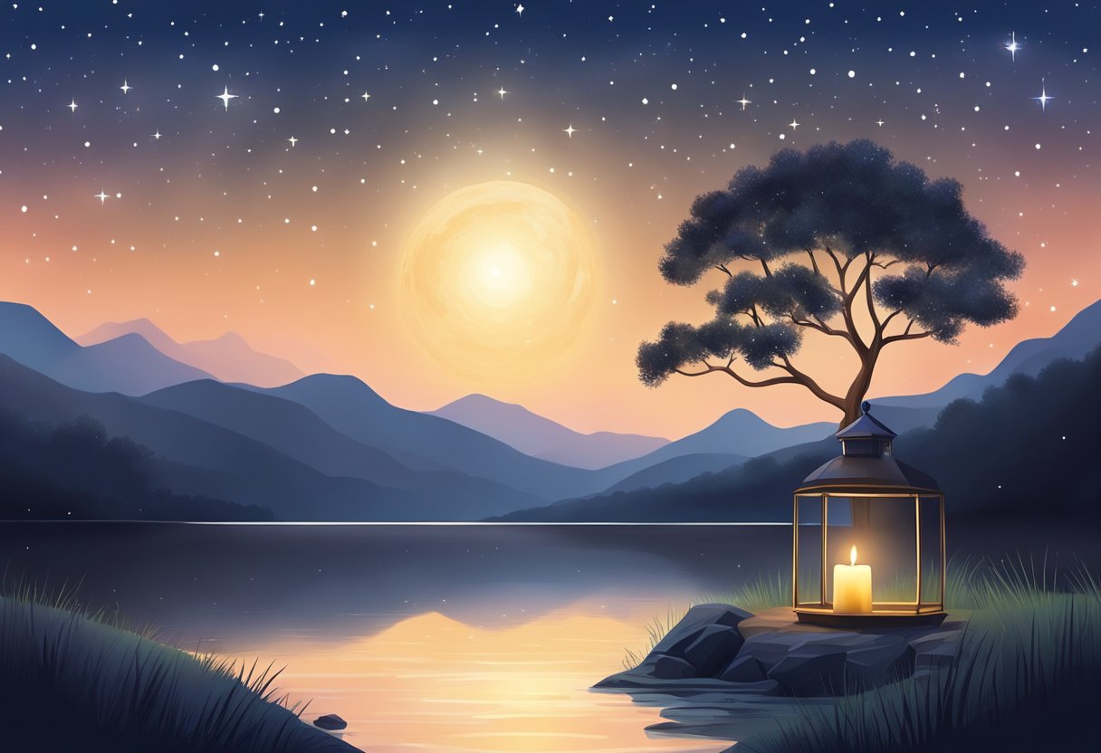A serene, tranquil landscape with a clear, starry night sky and a solitary, glowing candle symbolizing hope and peace in troubled times