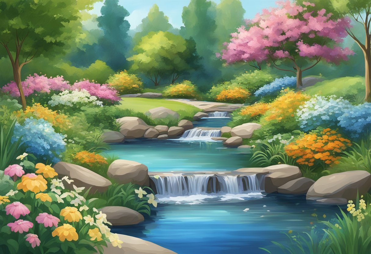 A serene garden with a flowing stream, surrounded by blooming flowers and lush greenery, under a clear blue sky, evoking a sense of tranquility and harmony