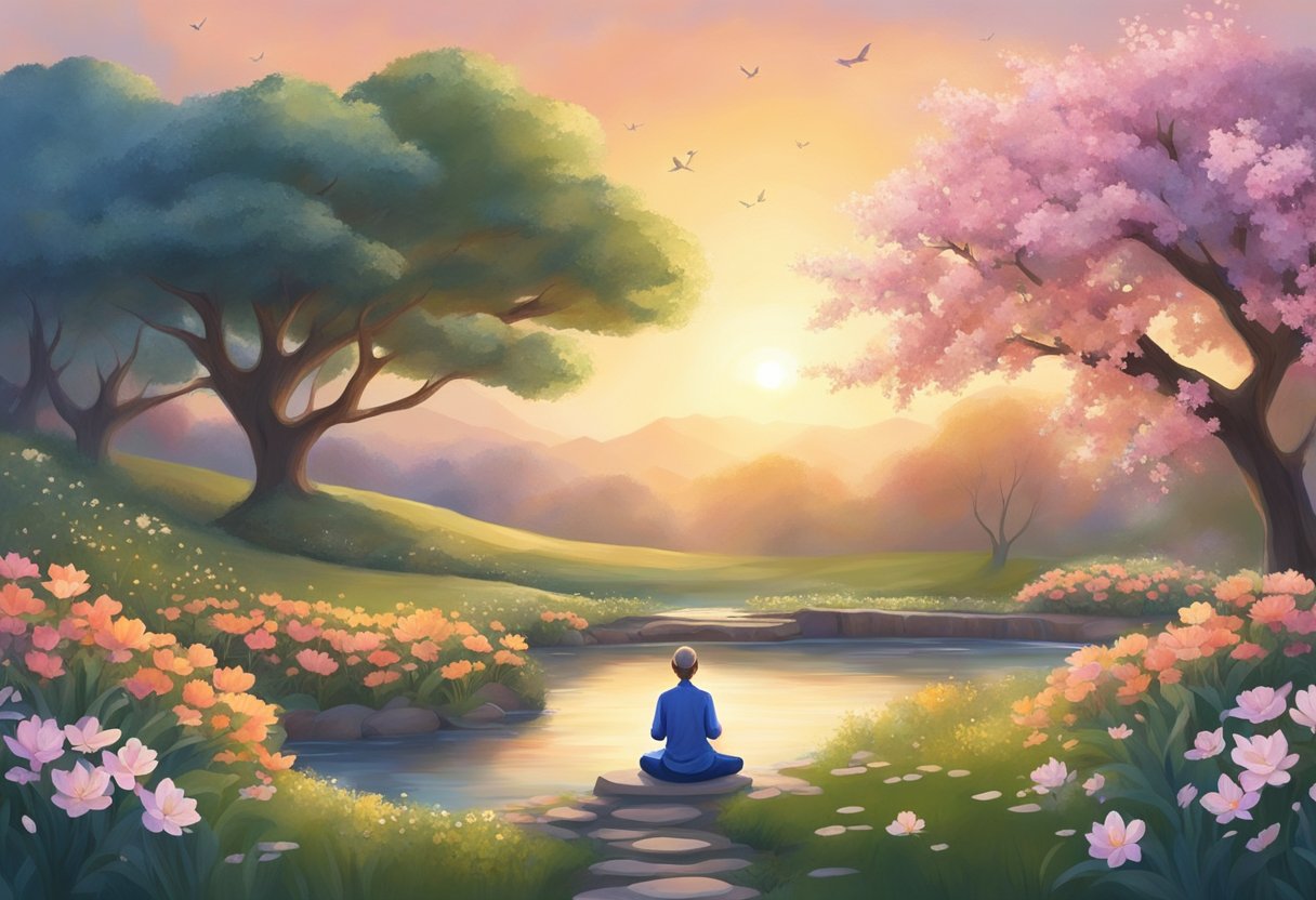A serene garden with blooming flowers, a flowing stream, and a peaceful sunset. A figure meditates under a tranquil tree, surrounded by symbols of harmony and unity
