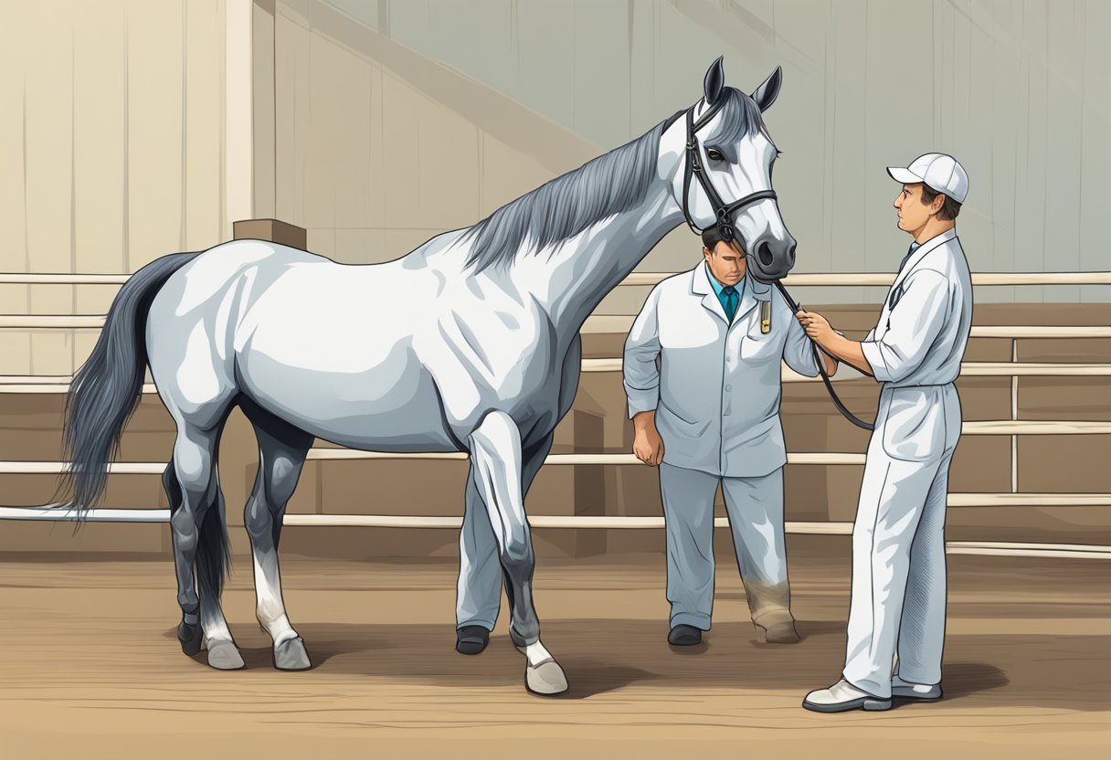 A horse with a limp, showing signs of joint pain, being examined by a veterinarian