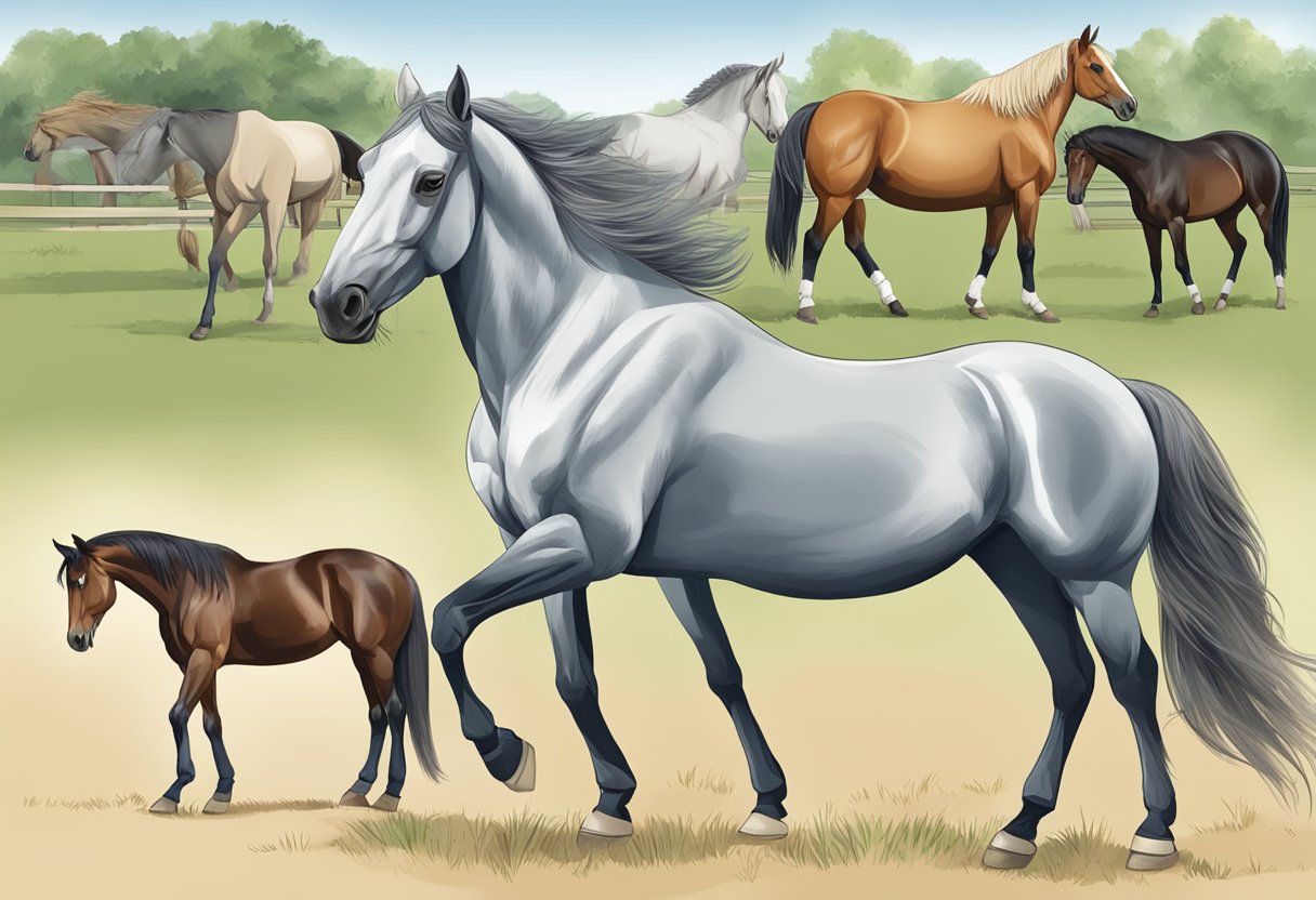 Horses with respiratory issues: coughing, nasal discharge, labored breathing. Illustrate a horse with these symptoms in a stable or pasture setting