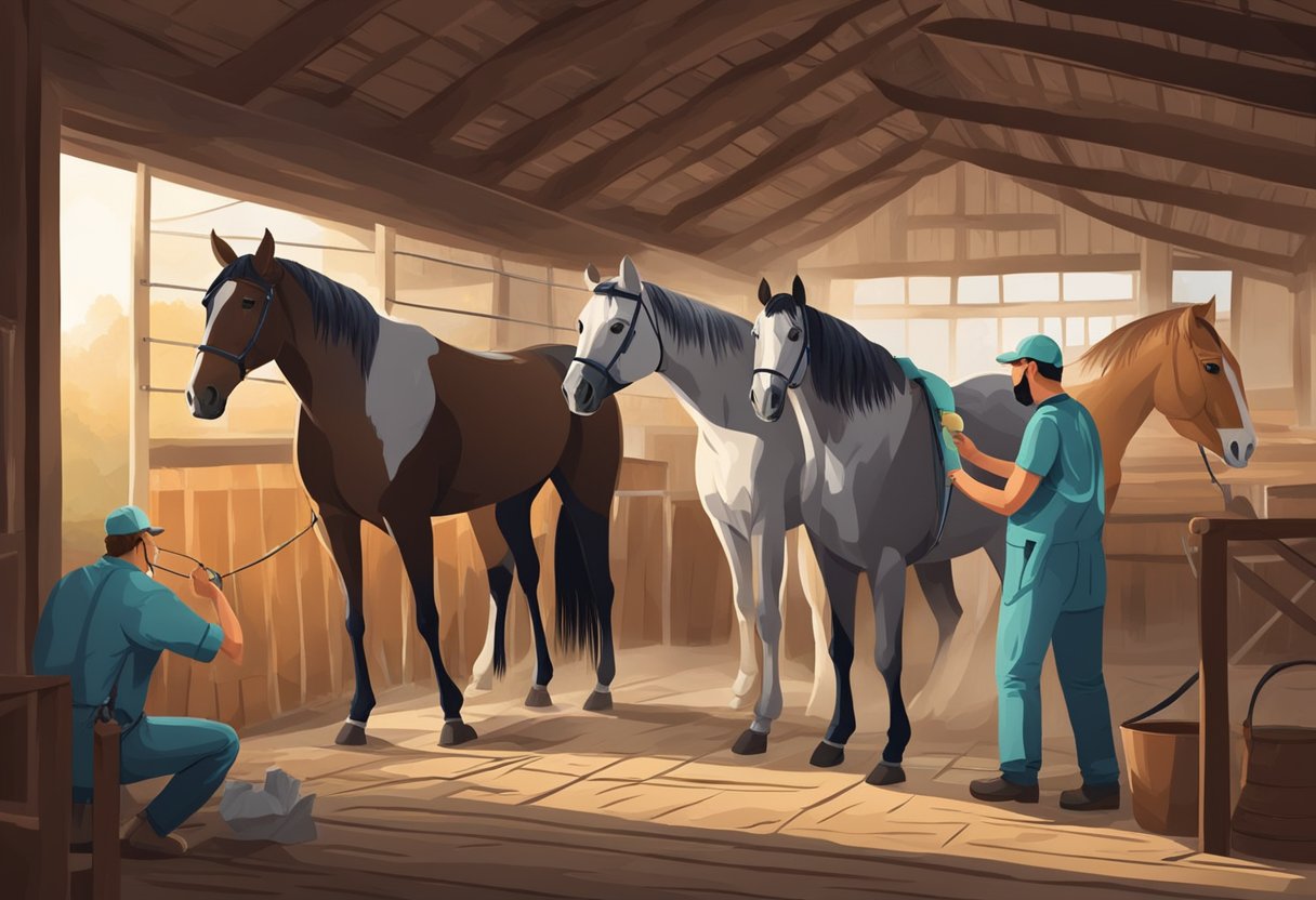 Horses with various infectious diseases. Fever, coughing, runny nose, and lethargy. Vet examining and treating sick horses in a barn setting