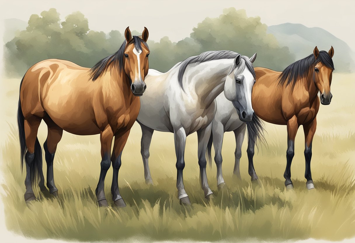 Horses with various skin conditions, such as hives, rain rot, and sweet itch, standing in a pasture