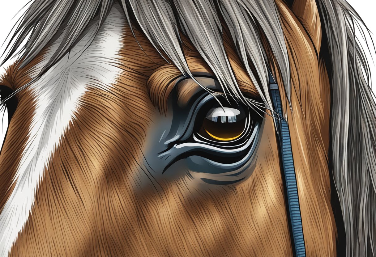 A horse with a drooping eyelid and excessive tearing, showing signs of ophthalmic issues