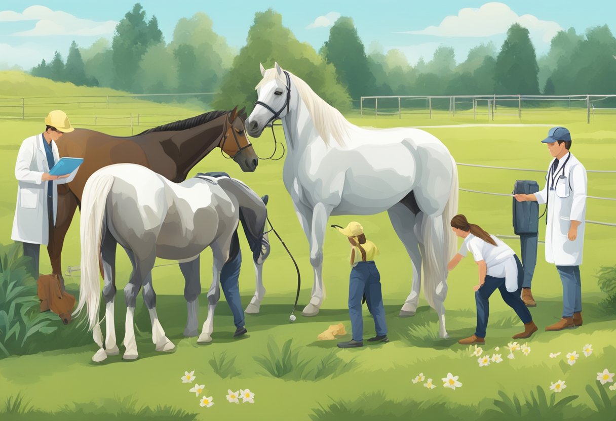 Horses of various breeds grazing in a lush pasture, with a veterinarian conducting routine health checks and administering preventive care