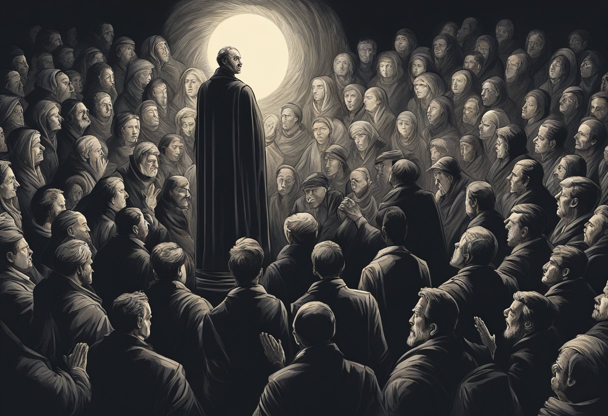 A dark, ominous figure looms over a huddled group, surrounded by swirling shadows. Light breaks through the darkness, illuminating the figures as they raise their arms in prayer, pushing back against the oppressive force