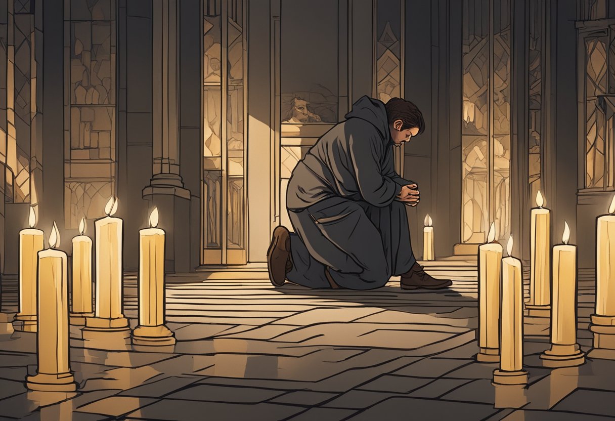 A figure kneels in a dimly lit room, surrounded by flickering candles. The atmosphere is heavy with a sense of urgency and determination as the figure prepares for spiritual warfare against oppression