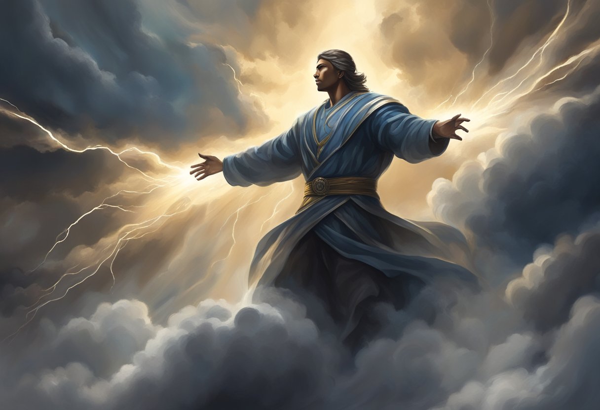 A figure stands in a powerful stance, surrounded by swirling dark clouds. Rays of light break through, symbolizing the battle against oppression