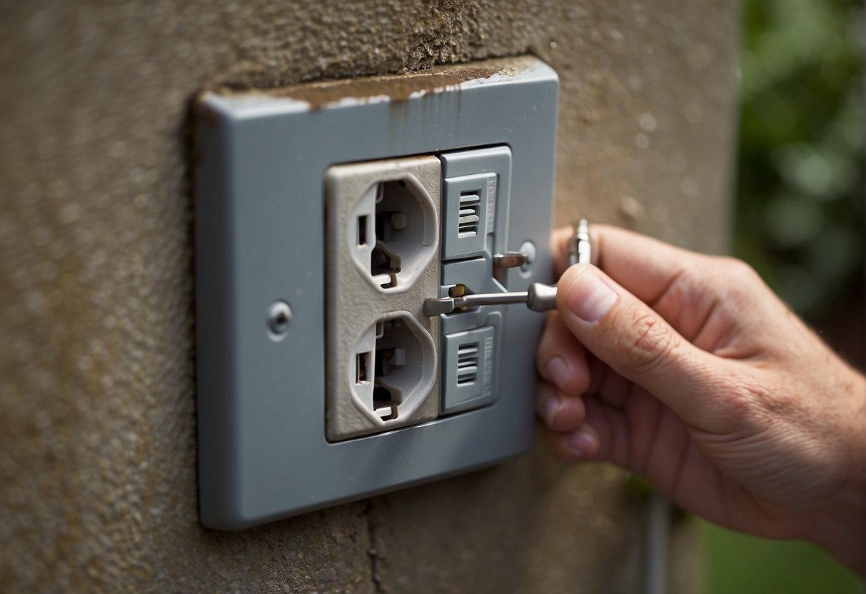 A hand reaches for the outdoor outlet cover, unscrewing it with a screwdriver. The cover is lifted off, revealing the electrical outlet underneath